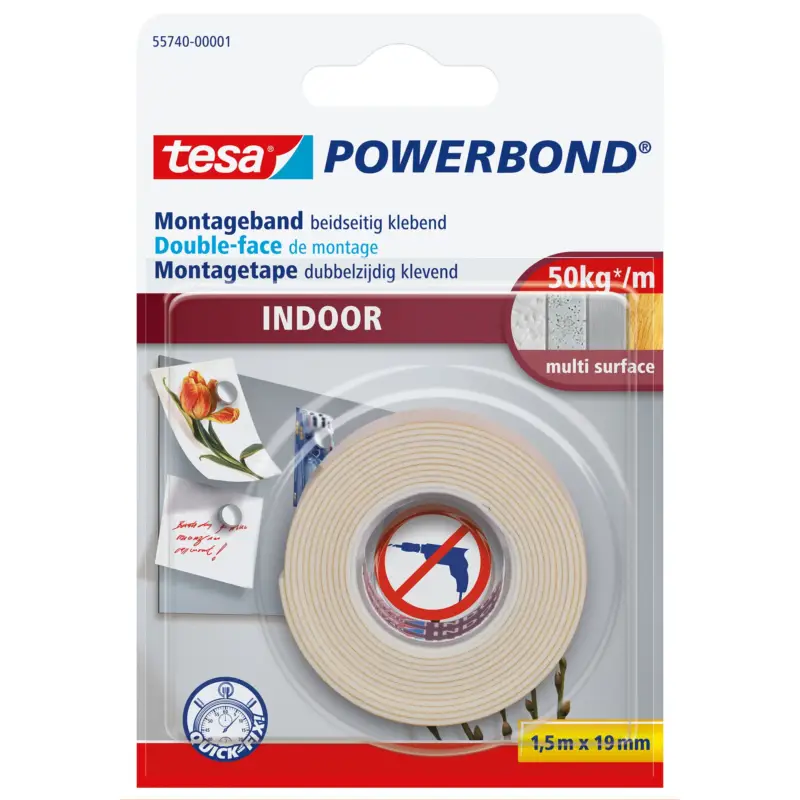 Tesa dubbelzijdige montagetape Powerbond Indoor wit 1,5mx19mm Nieuwe Collectie