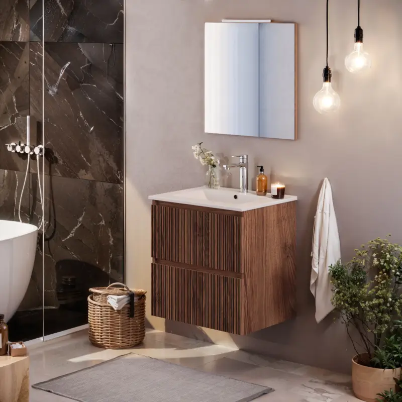 Asime Wastafelonderkast 61cm - Eiken Walnoot Gelakt - Met 2 Lades - 61x68x47cm Snelle Levering